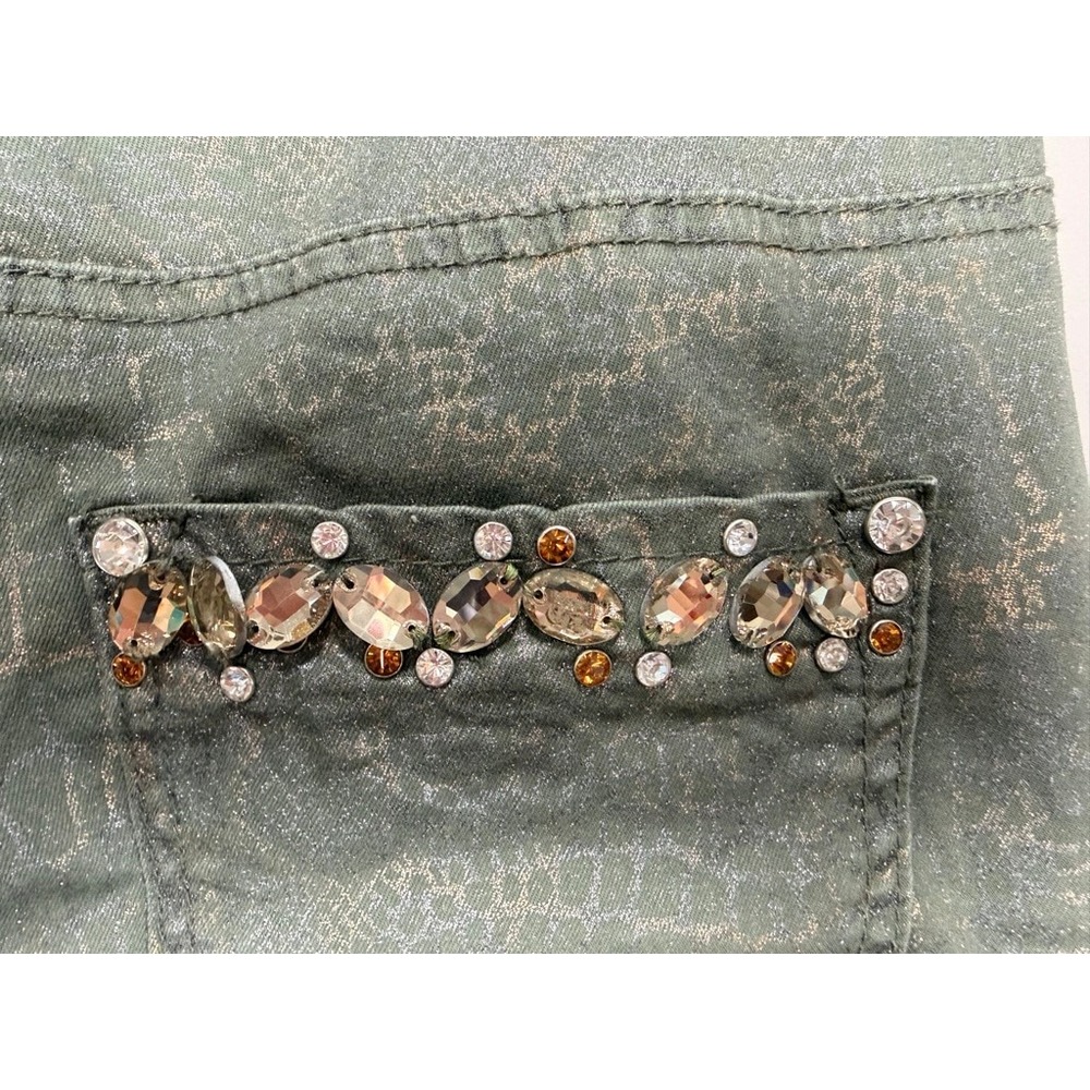 Ethly Jeans Women's Size 2 Olive‎ Green Gold Embellished Pockets Straight Leg - Picture 7 of 12
